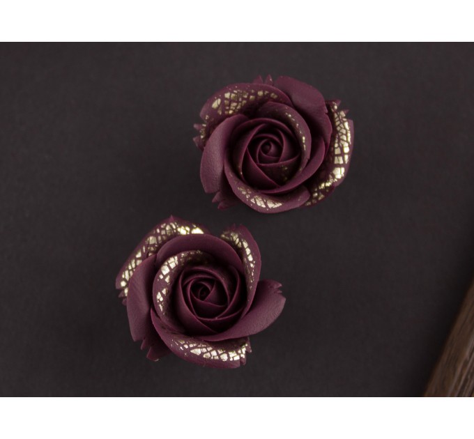 Rose tunnel ear plugs, burgundy & gold 6g earrings
