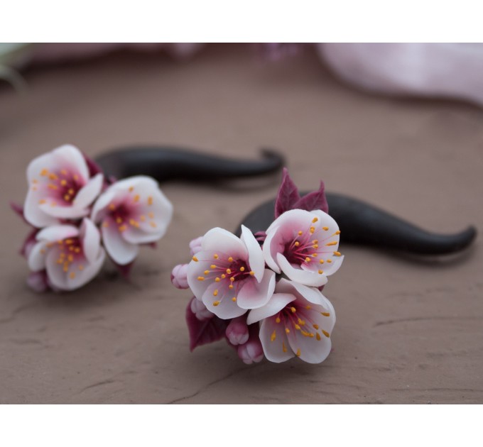 Spring wedding fake gauges - Real plugs for stretched ears Sakura cherry blossom Pink blooming earrings Handmade