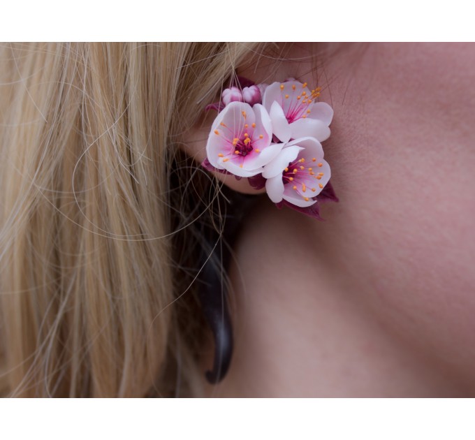 Spring wedding fake gauges - Real plugs for stretched ears Sakura cherry blossom Pink blooming earrings Handmade