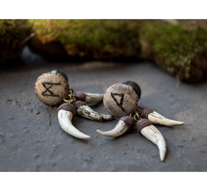 Viking earrings for men Regular studs or Plugs for stretched ears Custom protective rune Pagan Fangs Handmade