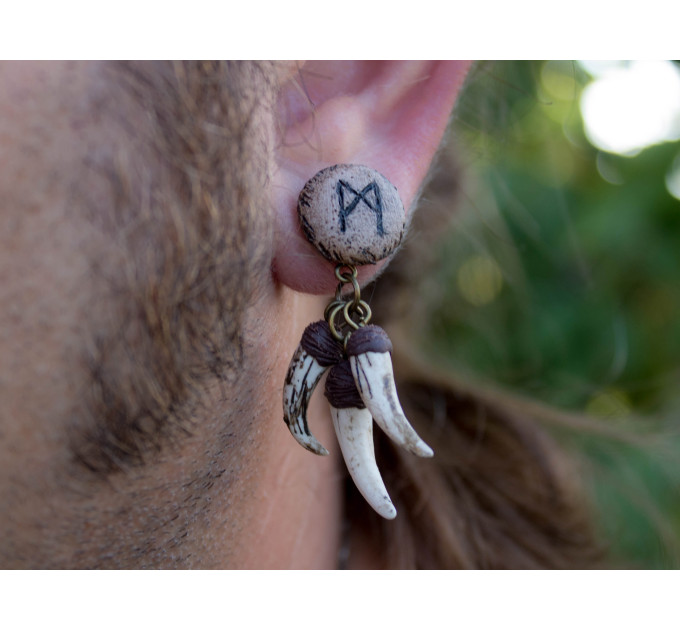 Viking earrings for men Regular studs or Plugs for stretched ears Custom protective rune Pagan Fangs Handmade