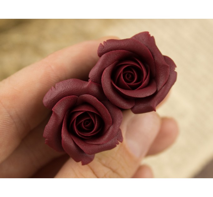 Autumn wedding earrings for stretched earlobes Maroon rose ear plugs Dark red gauges Custom color Handmade