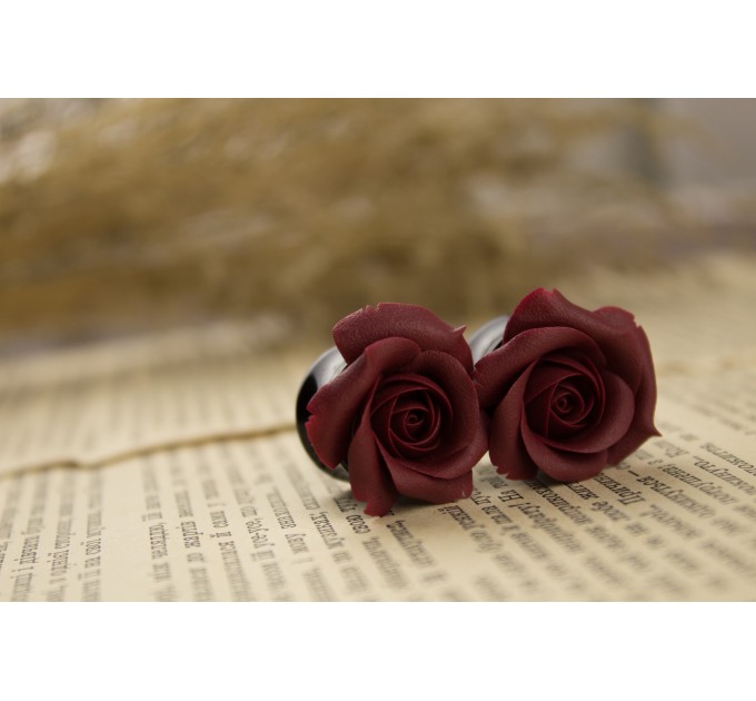 Autumn wedding earrings for stretched earlobes Maroon rose ear plugs Dark red gauges Custom color Handmade