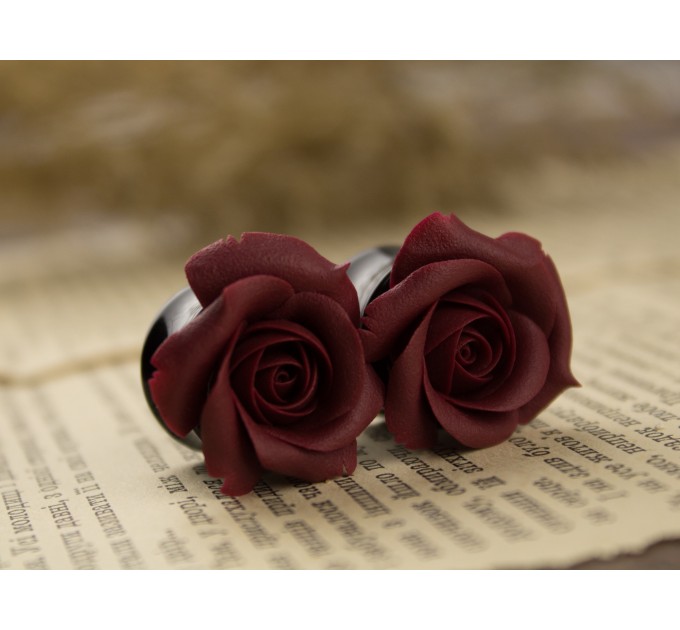 Autumn wedding earrings for stretched earlobes Maroon rose ear plugs Dark red gauges Custom color Handmade