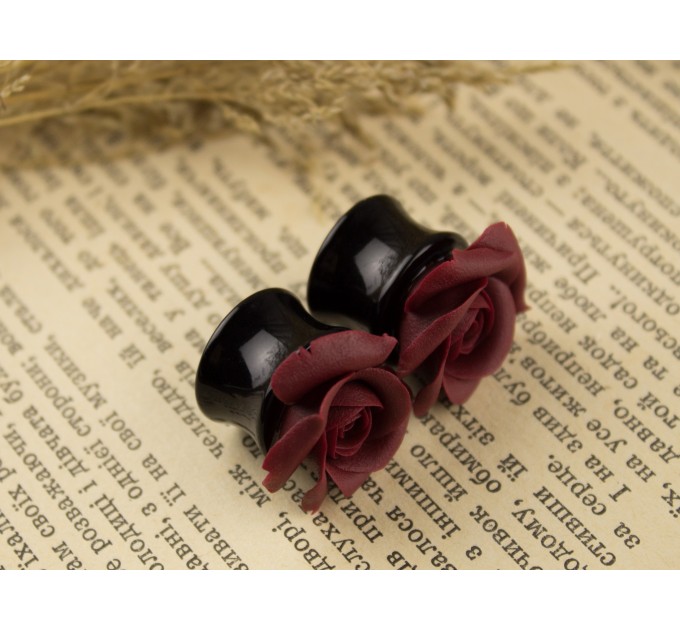 Autumn wedding earrings for stretched earlobes Maroon rose ear plugs Dark red gauges Custom color Handmade