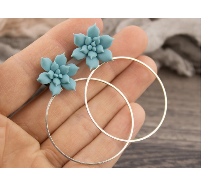 Dusty blue succulent plug earrings for stretched ears Dangle hoops Cute floral tunnels and gauges Botanical Tropical Summer