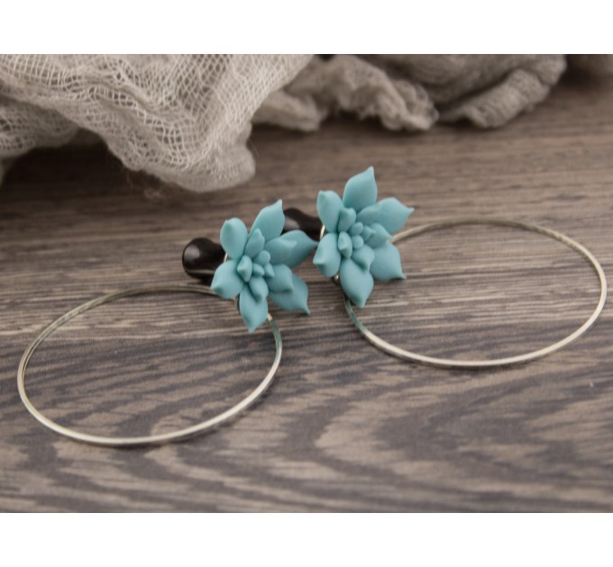 Dusty blue succulent plug earrings for stretched ears Dangle hoops Cute floral tunnels and gauges Botanical Tropical Summer