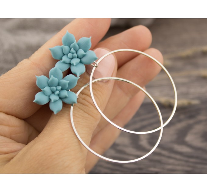 Dusty blue succulent plug earrings for stretched ears Dangle hoops Cute floral tunnels and gauges Botanical Tropical Summer