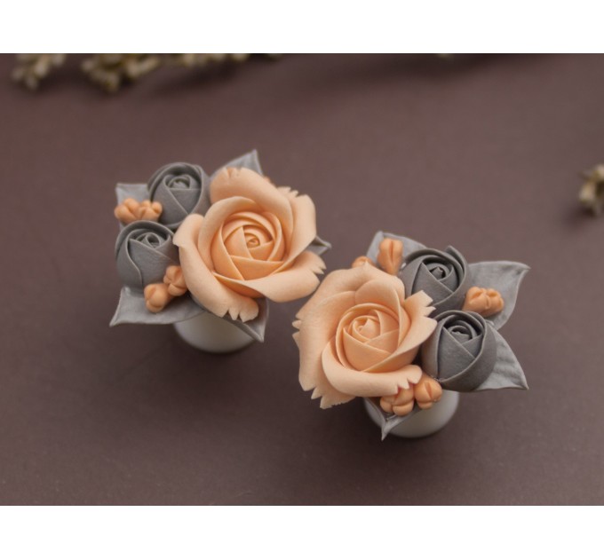 Gray peach wedding ear plugs Bridal earrings for stretched gauges Floral tunnels handmade 