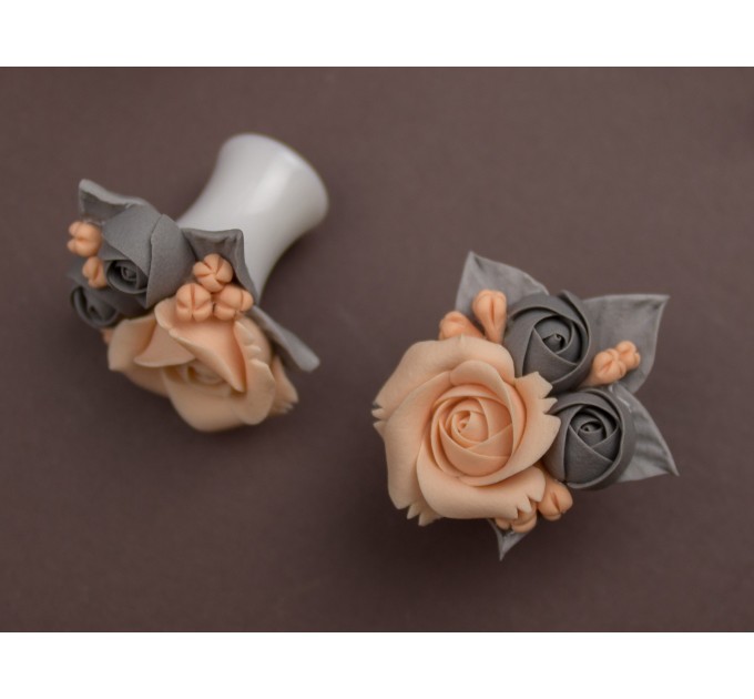 Gray peach wedding ear plugs Bridal earrings for stretched gauges Floral tunnels handmade 