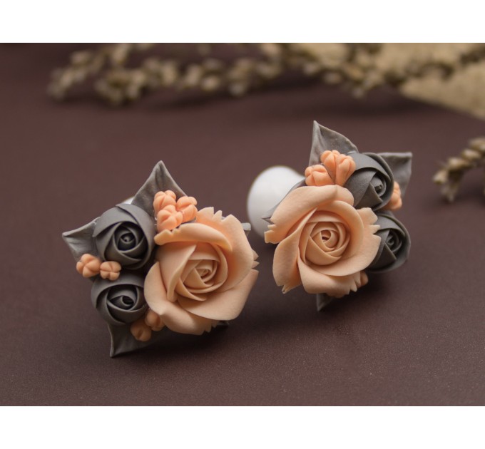 Gray peach wedding ear plugs Bridal earrings for stretched gauges Floral tunnels handmade 