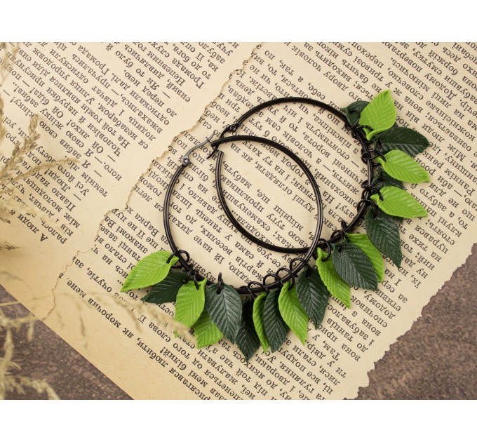 Dangle tunnel earrings for stretched ears with green leaves Summer jewelry Birthday gift for forest lover