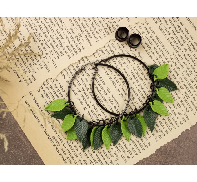 Dangle tunnel earrings for stretched ears with green leaves Summer jewelry Birthday gift for forest lover