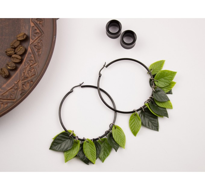 Dangle tunnel earrings for stretched ears with green leaves Summer jewelry Birthday gift for forest lover