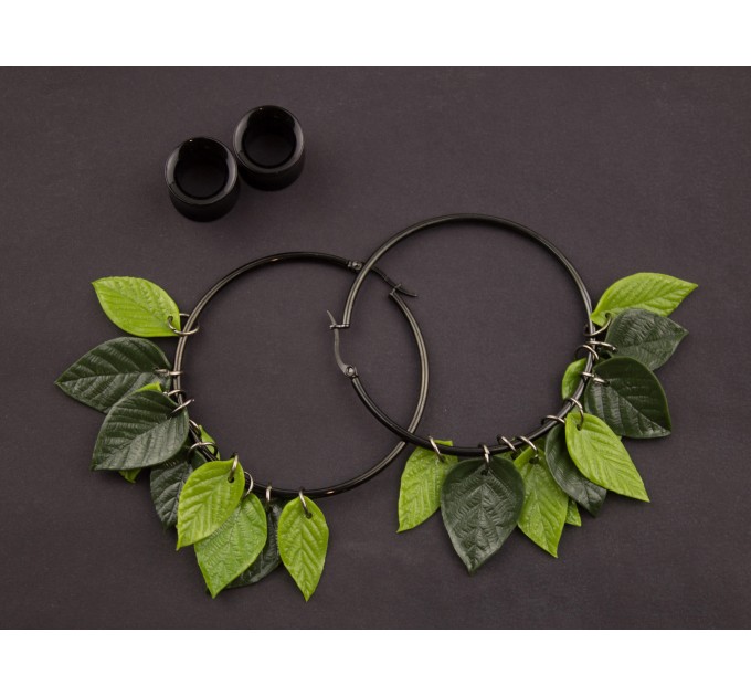 Dangle tunnel earrings for stretched ears with green leaves Summer jewelry Birthday gift for forest lover