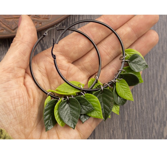Dangle tunnel earrings for stretched ears with green leaves Summer jewelry Birthday gift for forest lover