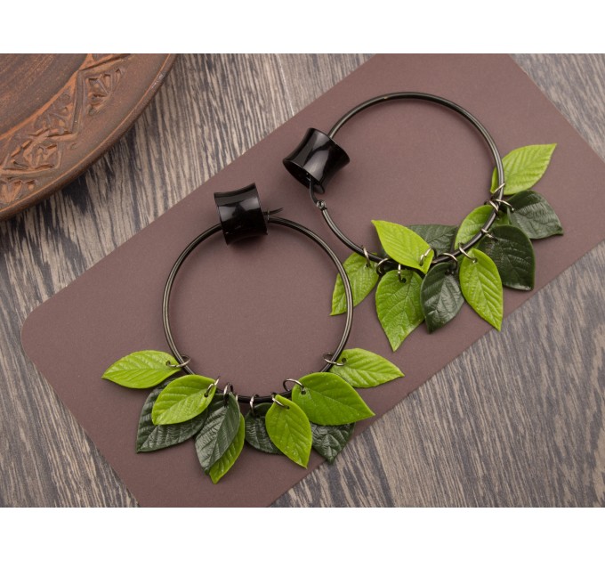 Dangle tunnel earrings for stretched ears with green leaves Summer jewelry Birthday gift for forest lover