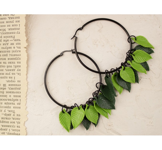 Dangle tunnel earrings for stretched ears with green leaves Summer jewelry Birthday gift for forest lover