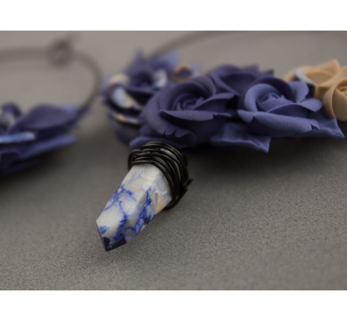 Indigo blue beige rose hoop earrings Tunnel hangers for stretched ears with crystal charm 6-25mm OOAK