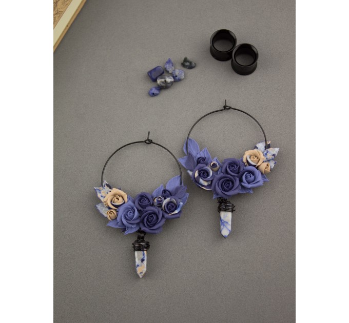 Indigo blue beige rose hoop earrings Tunnel hangers for stretched ears with crystal charm 6-25mm OOAK