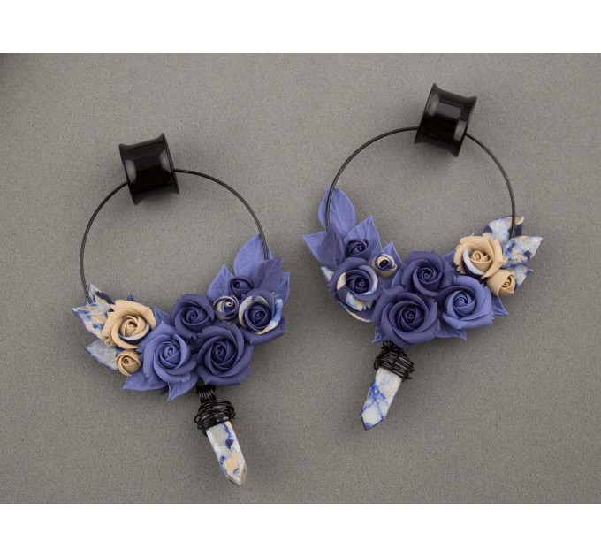 Indigo blue beige rose hoop earrings Tunnel hangers for stretched ears with crystal charm 6-25mm OOAK