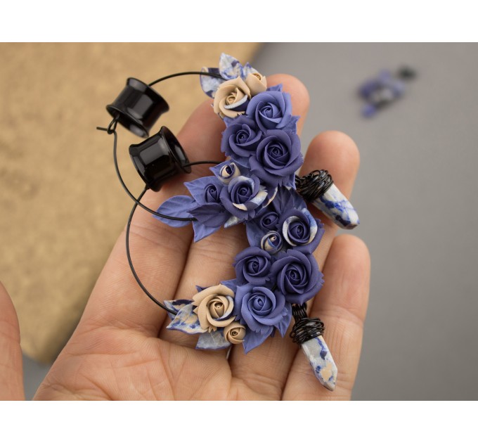 Indigo blue beige rose hoop earrings Tunnel hangers for stretched ears with crystal charm 6-25mm OOAK