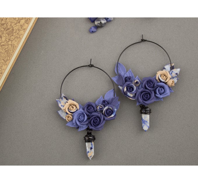 Indigo blue beige rose hoop earrings Tunnel hangers for stretched ears with crystal charm 6-25mm OOAK