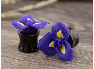Purple iris flower plug earrings 3mm - 20mm