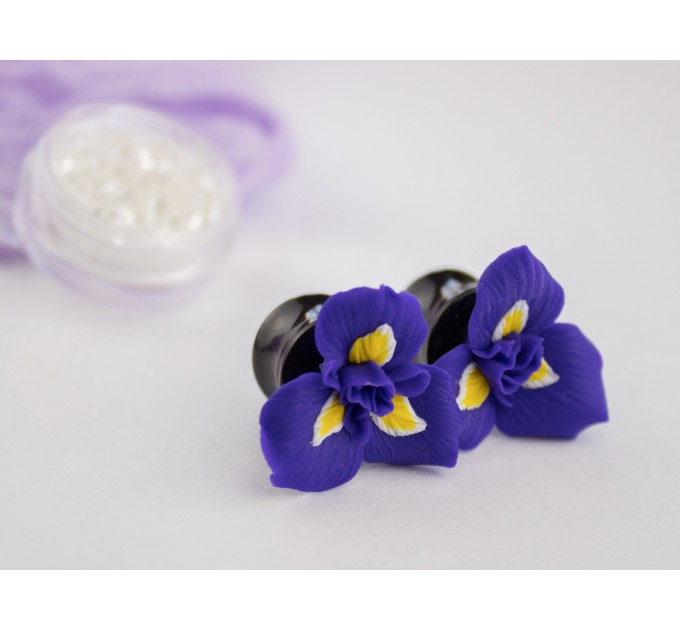 Purple iris flower plug earrings for gauged ears Floral tunnels Nature Botanical jewelry for stretched ears Handmade