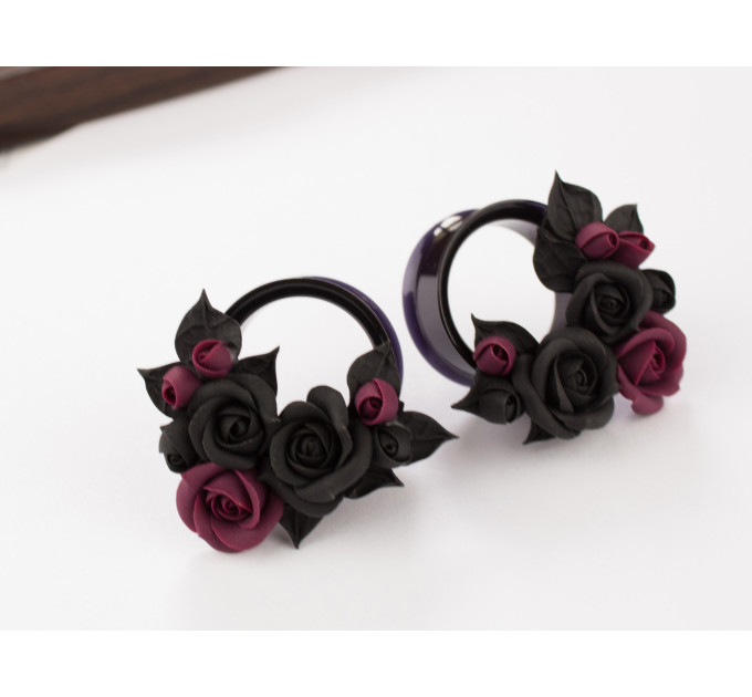 Burgundy black rose ear tunnel plugs, 00g – 1 inch gauge