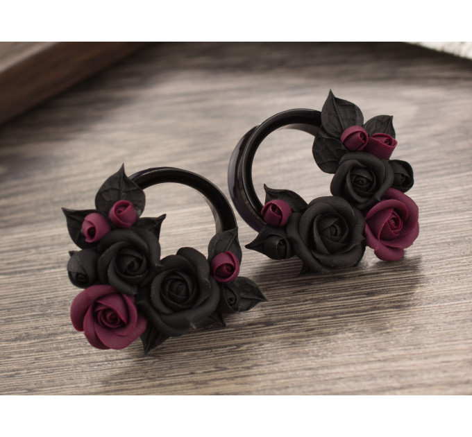Burgundy black rose ear tunnel plugs, 00g – 1 inch gauge