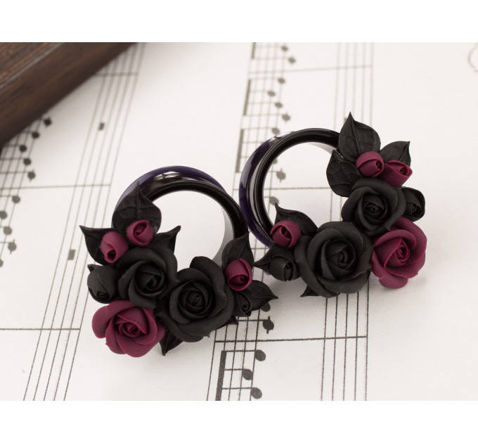 Burgundy black rose ear tunnel plugs, 00g – 1 inch gauge