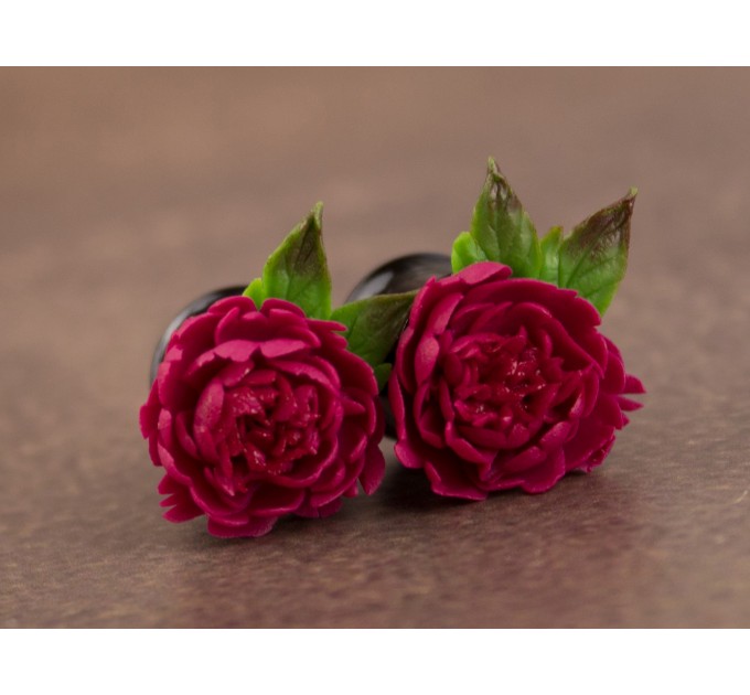 Crimson red peonies earrings for stretched earlobes Bright pink flower gauges Wedding tunnels and plugs Bridal Floral Handmade