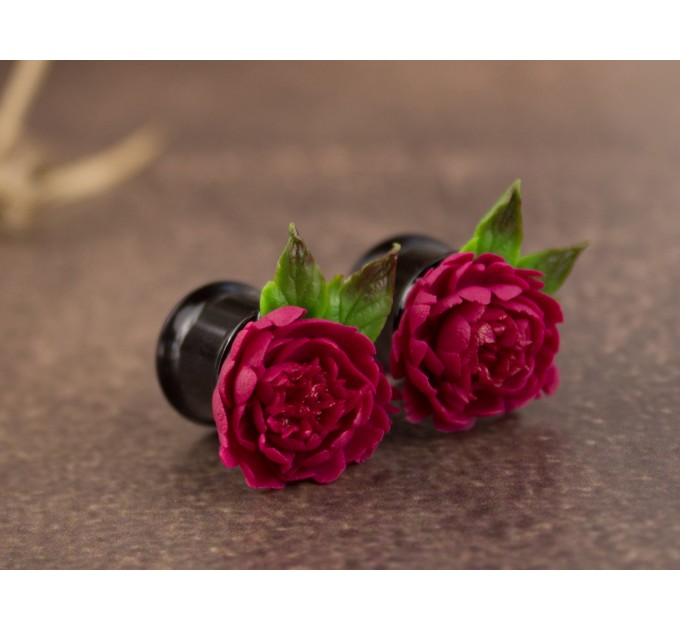 Crimson red peonies earrings for stretched earlobes Bright pink flower gauges Wedding tunnels and plugs Bridal Floral Handmade