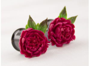 Crimson red peony plug earrings 3mm - 20mm