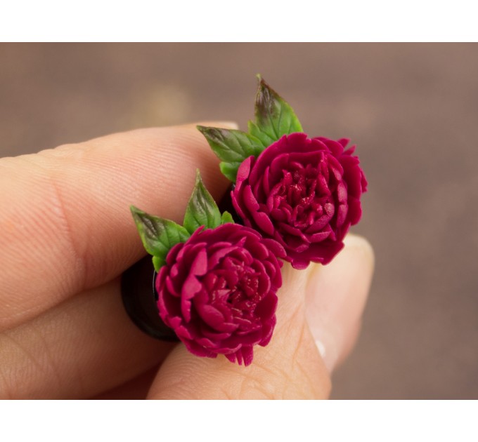 Crimson red peonies earrings for stretched earlobes Bright pink flower gauges Wedding tunnels and plugs Bridal Floral Handmade