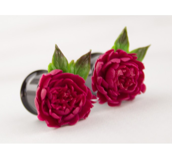 Crimson red peonies earrings for stretched earlobes Bright pink flower gauges Wedding tunnels and plugs Bridal Floral Handmade