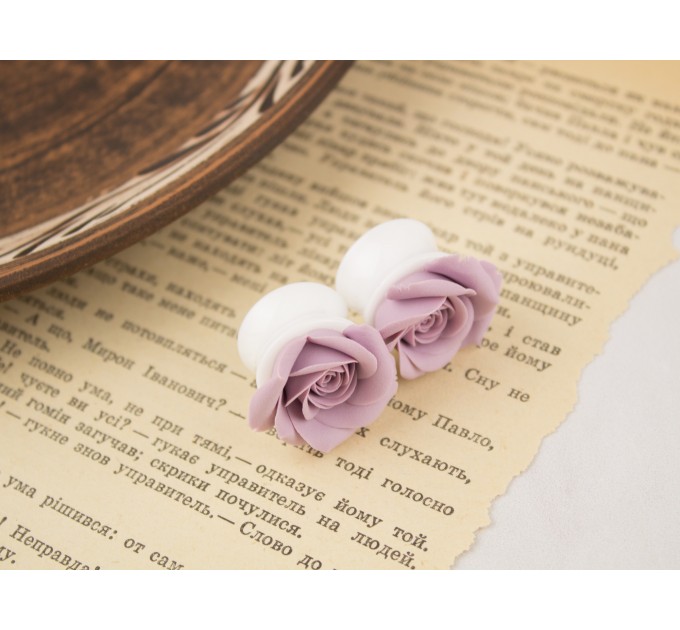 Dusty pink Blush rose earrings for stretched ears Gauges and tunnels Wedding floral jewelry Bridal gauges Handmade