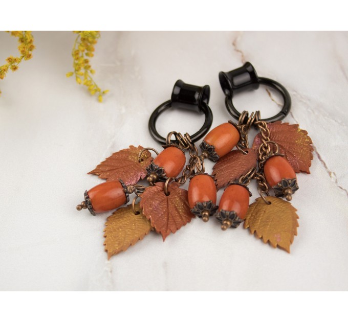 Orange yellow fall leaves tunnel hangers for stretched earlobes Red coral beads Handmade  