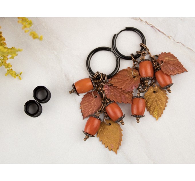 Orange yellow fall leaves tunnel hangers for stretched earlobes Red coral beads Handmade  