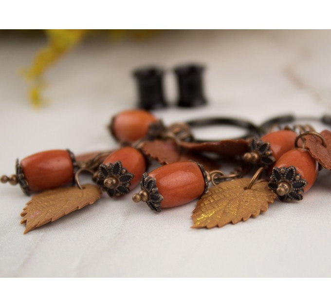 Orange yellow fall leaves tunnel hangers for stretched earlobes Red coral beads Handmade  
