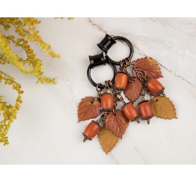 Orange yellow fall leaves tunnel hangers for stretched earlobes Red coral beads Handmade  