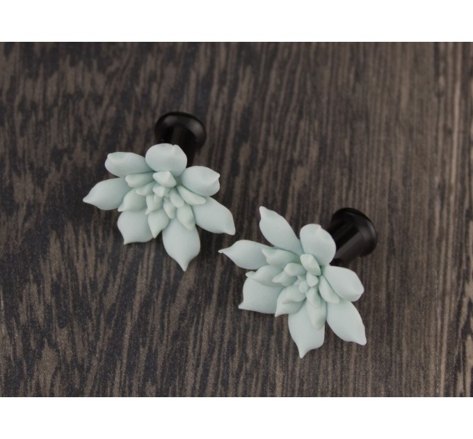 Light mint green succulent earrings for gauged ears Floral plugs and tunnels Bridesmaid jewelry Stretched earlobes Handmade