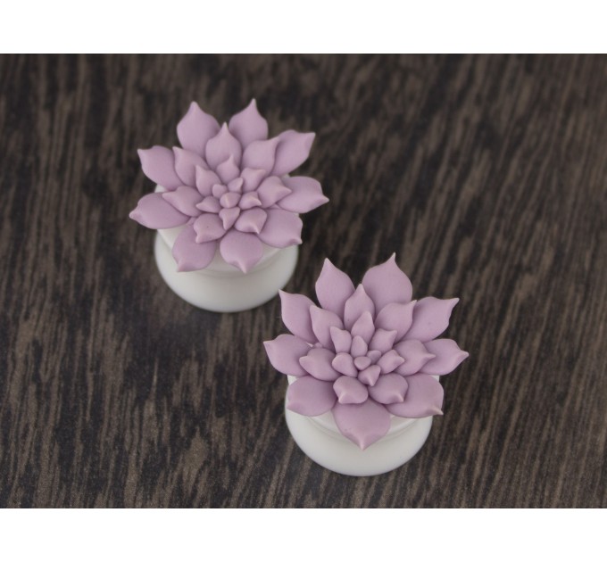 Dusty pink succulent ear plugs Pastel wedding earrings for stretched ears Bridal gauges and tunnels Handmade