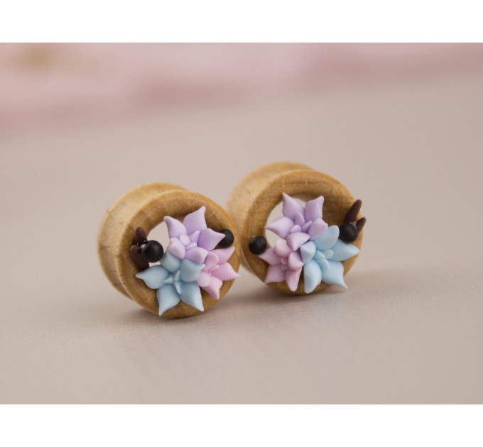 Wooden tunnels for bride Pastel colors succulent Wedding ear plugs and gauges Stretched ears jewelry Handmade