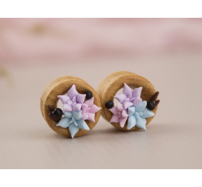 Wooden tunnels for bride Pastel colors succulent Wedding ear plugs and gauges Stretched ears jewelry Handmade