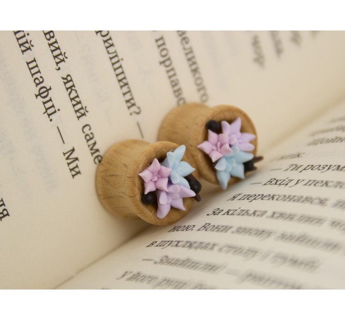 Wooden tunnels for bride Pastel colors succulent Wedding ear plugs and gauges Stretched ears jewelry Handmade