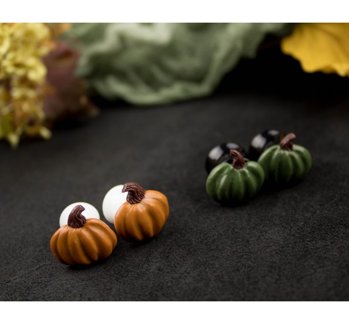 Autumn plug-stud earrings with orange green pumpkins Thanksgiving gift Fall birthday jewelry 