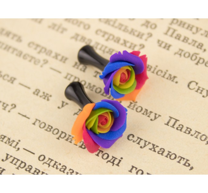 Rainbow rose plug earrings for stretched ears Lesbian wedding jewelry LGBTQ+ gauges and tunnels Pride diversity gift