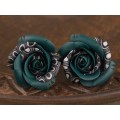 Teal rose ear plugs with black and white print Unique earrings for stretched ears Gauges and tunnels Handmade